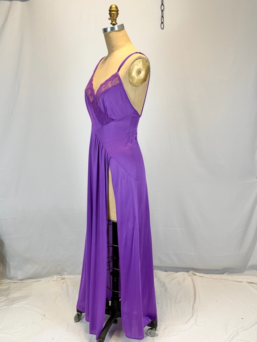 VINTAGE violet purple nylon silky nightgown slip dress maxi side slit lace sexy - Picture 4 of 13